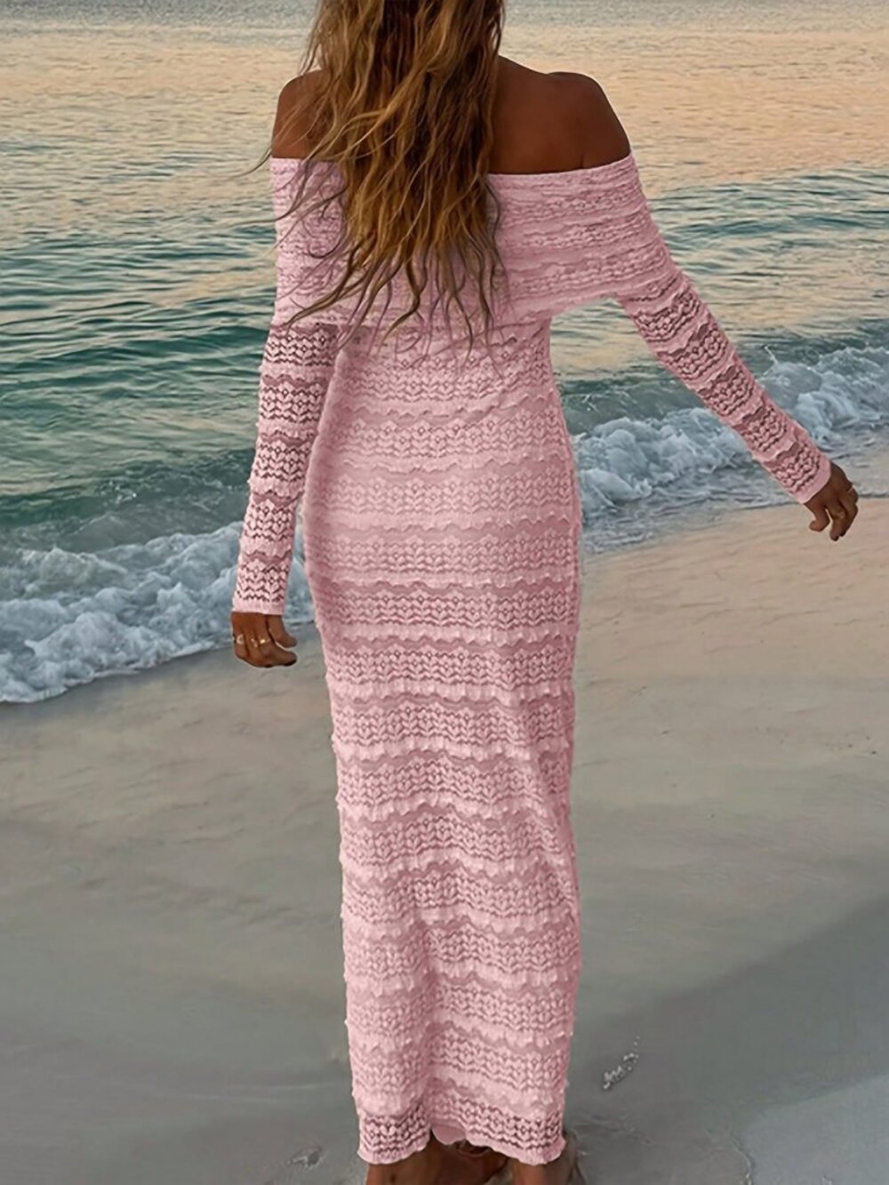 Pink Elegant Women's Off Shoulder Long Sleeve Bodycon Sexy Dress - Picture 3 of 6